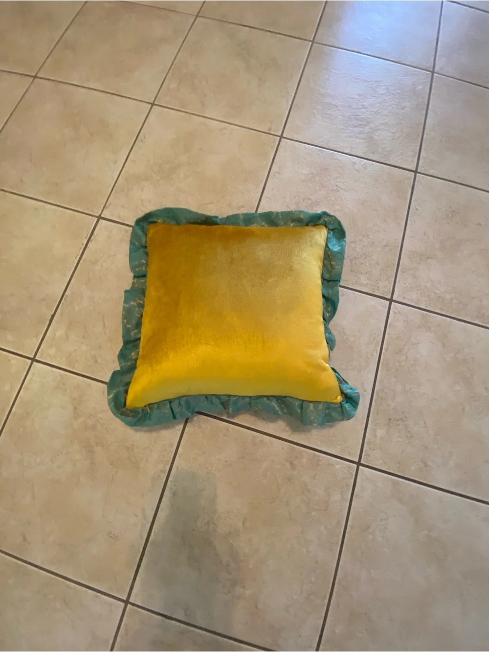 Embroidered Dancer Velvet Throw Pillow in Mustard Yellow with Teal Ruffle